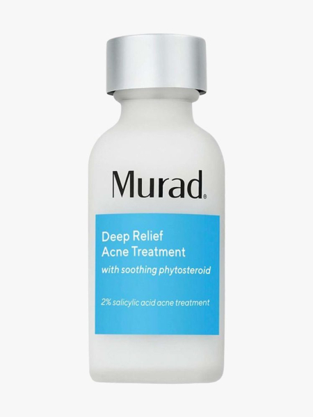 Murad Deep Relief Acne Treatment white and blue vial on light gray background